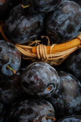 ripe blue plums in a basket
