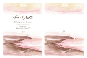 Watercolor landscape: australian sunrise. Hand painted nature view with scene for wedding invitation pre-made card design.