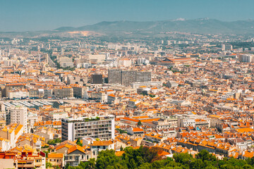 Marseille, France. Elevated View Of Cityscape. Residential Districts And Streets Under Sunny Summer Sky
