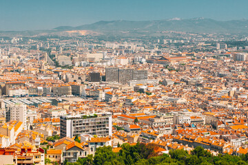 Obraz premium Marseille, France. Elevated View Of Cityscape. Residential Districts And Streets Under Sunny Summer Sky
