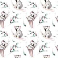 Watercolor seamless pattern cartoon baby koala tropical animal illustration. Jungle exotic summer background print. Australian trendy zoo isolated design