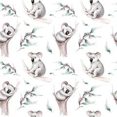 Wall murals African animals Watercolor seamless pattern cartoon baby koala tropical animal illustration. Jungle exotic summer background print. Australian trendy zoo isolated design
