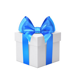 White gift box with blue ribbon and bow isolated on white. Clipping path included