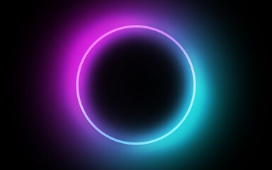Abstract background blue pink neon round frame, circle, ring shape, empty space, ultraviolet light.