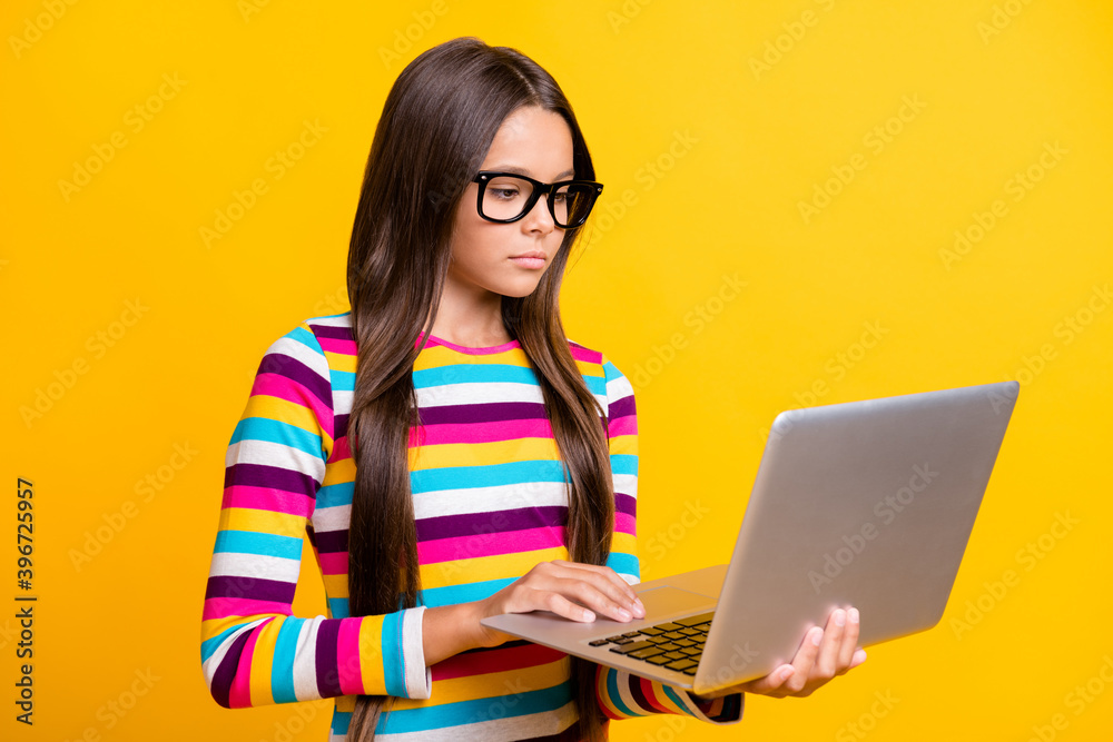 Sticker photo portrait of smart schoolgirl wearing spectacles working with laptop reading concentrated isola