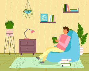 Young man sitting at soft chair and reading book. Leisure time at home, hobby. Home activity, leisure. Young guy read novel, story, literature. Interior of living room with decoration, flat style