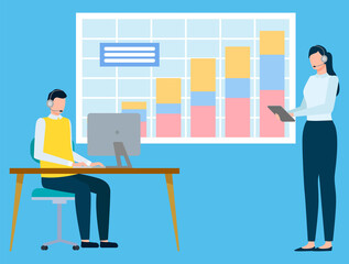 Workers communication with wireless device, tablet and computer. Screen of growth graph, international business, employees man and woman, teamwork vector