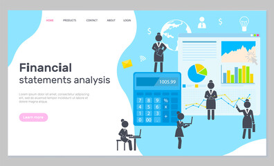 Landing page of business website, financial statements analysis, silhouettes of businesswomen, charts, pie chart, graphic, calculator. Accounting and calculations. Financial management, statistics