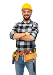 profession, construction and building - happy smiling male worker or builder in helmet and goggles with crossed arms over white background