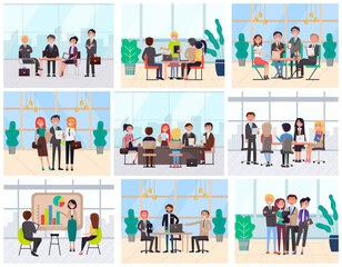 Fototapeta premium Business meeting of people vector, workers wearing formal suits. Man and woman with ideas for company, businessman and businesslady at workplace set