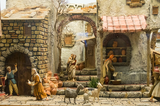 Close Up of a typical Neapolitan Crib. The art of Neapolitan nativity of S. Gregorio Armeno