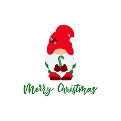 Cute christmas gnome with red hat, candy cane. Flat illustration. Vector. Hand calligraphy lettering. Template for greeting card, t shirt print. 