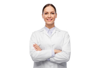 medicine, profession and healthcare concept - happy smiling female doctor in white coat