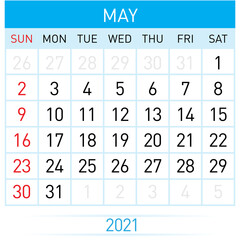 May Planner Calendar 2021. Illustration of Calendar in Simple and Clean Table Style for Template Design on White Background. Week Starts on Sunday