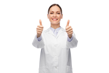 medicine, profession and healthcare concept - happy smiling female doctor in white coat showing thumbs up