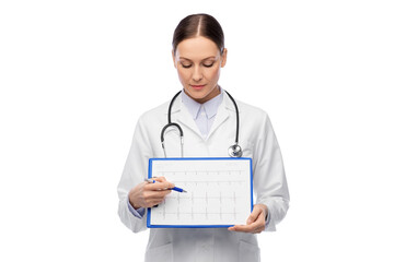 medicine, profession and healthcare concept - happy smiling female doctor or nurse in blue uniform with cardiogram on clipboard over white background