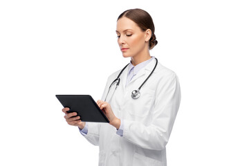 medicine, profession and healthcare concept - female doctor in white coat with tablet pc computer and stethoscope
