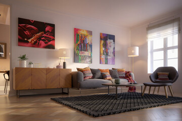 Furnishings and Art Panintings Inside an Apartment - 3D Visualization