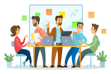 Teamwork business meeting. Office workers colleagues discussing new idea, new project, build strategy of new plan. Businesspeople using laptops and tablet. Men, woman sitting at table, communicating