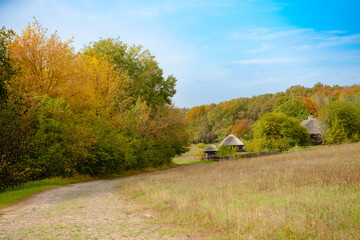 Beautiful view on ancient huts on the edge of a forest. Ukrainian heritage folk architecture village.