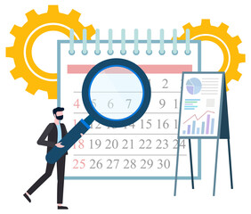 Bearded man with magnifying glass examines calendar. Whiteboard with graph. Business organization and optimization. Time management vector illustration