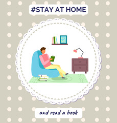 Stay at home and read book. Quarantine self-isolation at home. Prevention of covid-19 or coronavirus. Virus outbreak. Man sitting in chair with book. Home activities, leisure during world epidemic