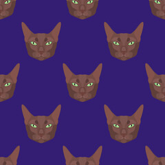 Seamless pattern with cat heads with green eyes on purple background, flat style, vector illustration