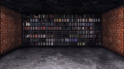 Large bookcase in the wall with many different books in the basement with brick walls and concrete floor