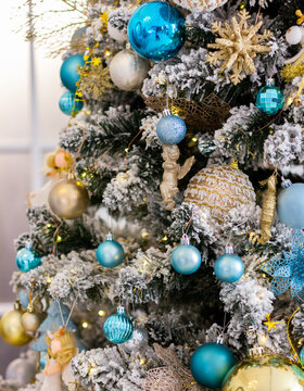 decorated Christmas tree with beautiful toys close-up