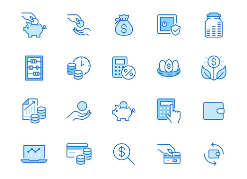 Money Income Line Icon Set. Pension Fund, Profit Growth, Piggy Bank, Finance Capital Minimal Vector Illustration. Simple Outline Signs For Investment Application. Blue Color, Editable Stroke