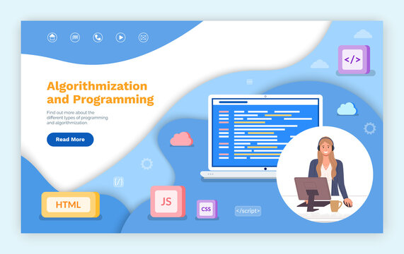 Landing page of website. Algorithmization and programming. Woman operator wearing headset working with computer. Html, js, css, script icons. Programming of website, writing code, creating site