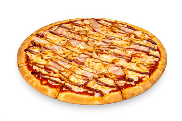 Cheese pizza with bacon and chicken isolated on a white background. Texas style pizza