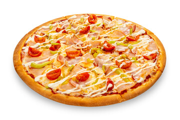 Cheese and bacon pizza with vegetables isolated on a white background