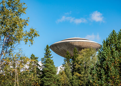 Water tower in the form of an alien flying disc in Espoo, Finland