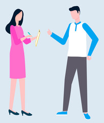 Woman in pink dress, making notes in notepad by pen, man arguing with her. Vector business colleagues communicating, financial analytics and managers