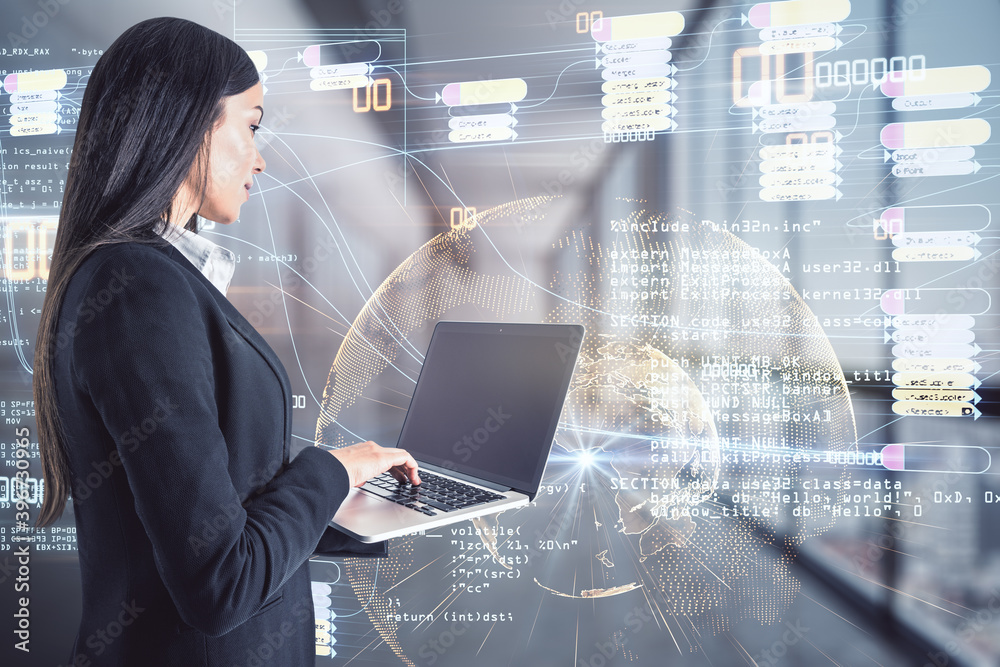 Fototapete businesswoman working with laptop on coding sketch concept background with world map and nodes