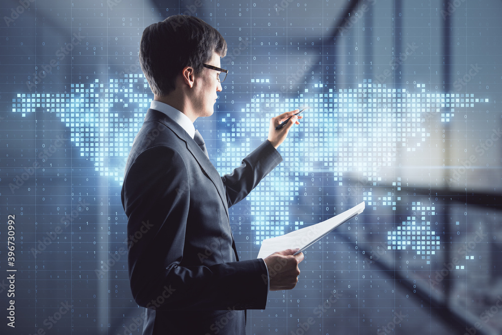 Poster businessman working with digital world map hologram, globalization and networking concept