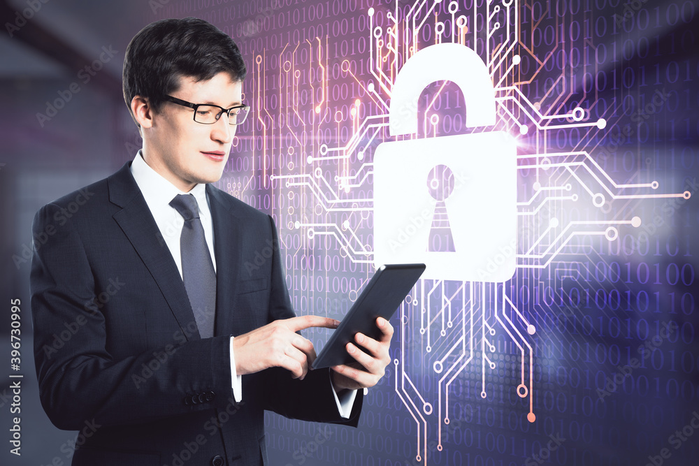 Poster businessman working with digital tablet on lock symbol sketch, cyber security concept