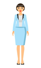 Isolated cartoon character stylish businesswoman wearing fashionable blue office jacket, skirt, blouse. Businesslady style. Dresscode of office worker. Pretty woman with bob haircut. Simple icon