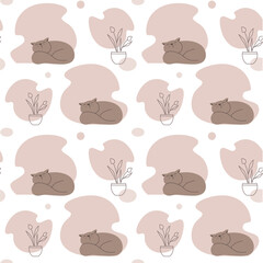 Obraz premium Vector seamless pattern with funny fat sleeping cats and abstract home plants. Pets wallpaper. Texture for textile or wrapping paper.
