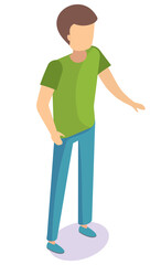 Cartoon man character template. Boy with brown hair wearing blue jeans and green shirt standing . Male personage figure without face 3D vector illustration