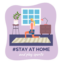 Stay at home and play sports. Quarantine self-isolation during spreading covid-19. Girl doing lunges with dumbbells. Girl making sport exercises, fitness training. Home gym. Healthy energy lifestyle