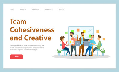 Landing page of website. Team cohesiveness and creative. Teamwork business meeting. Office workers colleagues discussing new creative idea, new project, build strategy of new plan, designers