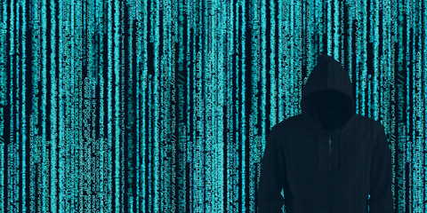 Hacker in black hood Shows the extraction through binary. Stand in front of a code background with binary streams and information security terms cyber security concept 3d illustration © nana