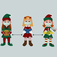 Three cute little girls in Christmas costumes and medical masks. Social distance
