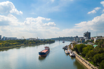 Swimming cargo ships on the river in Rostov-on-Don