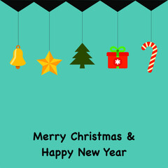 merry Christmas and happy new year greetings with yellow bell star green tree red gift and candy on blue background hanging with black thread from black hanging triangle sky