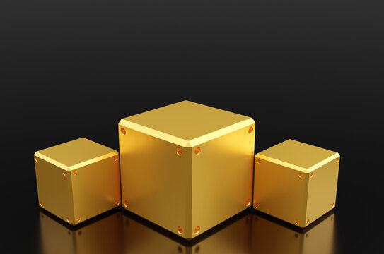 Game Mystery loot box ,Yellow Steel Box or cube ,Golden Product Stand on Black floor with reflex. 3D Rendering.Use For Product Showcase.