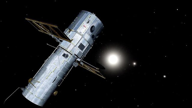 Hubble in Space with Sun, Venus and Mercury in the background.