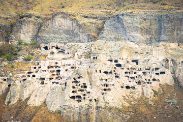 Close up of caves in Vardzia from aereal perspective.